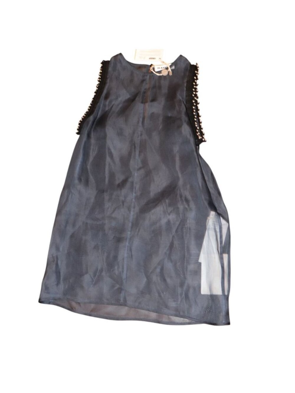 Jil Sander Navy Sleeveless Silk Sheer Top With Beaded Trim, Size 34 NWT